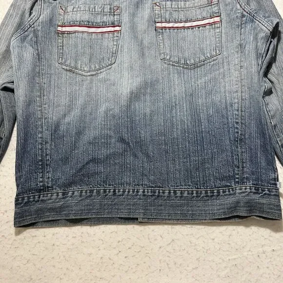 GB Black Label Men's Large Denim Jean Jacket Light Blue Distressed Metal Buttons - Picture 11 of 12